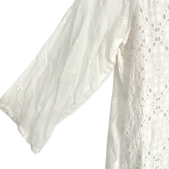 Johnny Was | Medium | White Lace Embroidered Eyelet 3/4 Sleeve Tunic Cover-Up - Picture 4 of 8